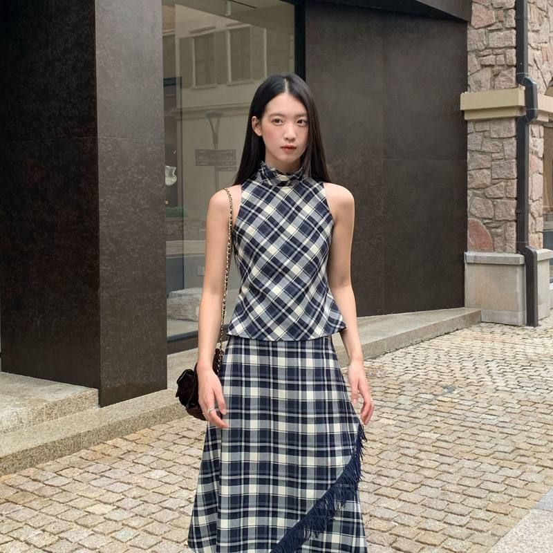 NEW OPENING早秋25秋复古格纹无袖小背心立领小个子内搭小衫F6016