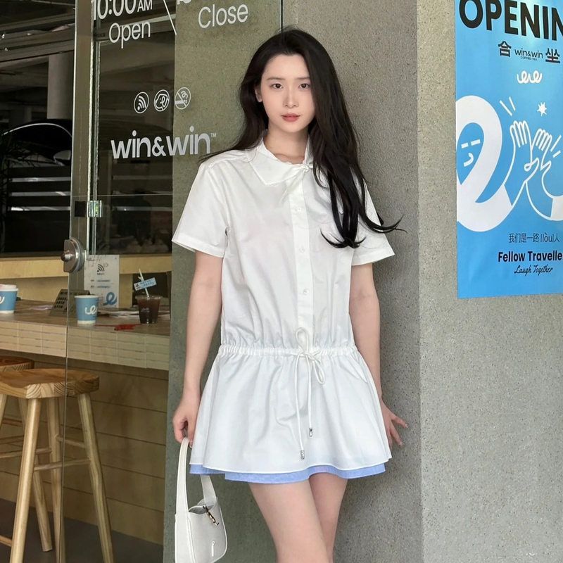 SHE U十三行韩系学院风蝴蝶结拼接衬衫裙2025夏季百搭抽绳连衣裙