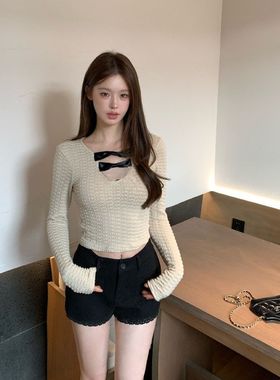 SHE U 十三蝴蝶结v领长袖上衣女装设计感修身显瘦纯欲别致针织衫