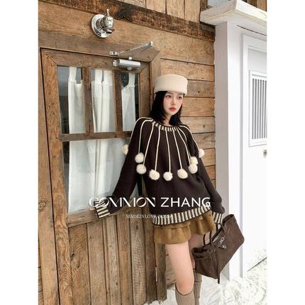 CZ ZHANG秋冬羊毛提花套头毛衣女宽松休闲甜美毛球针织衫 B45345