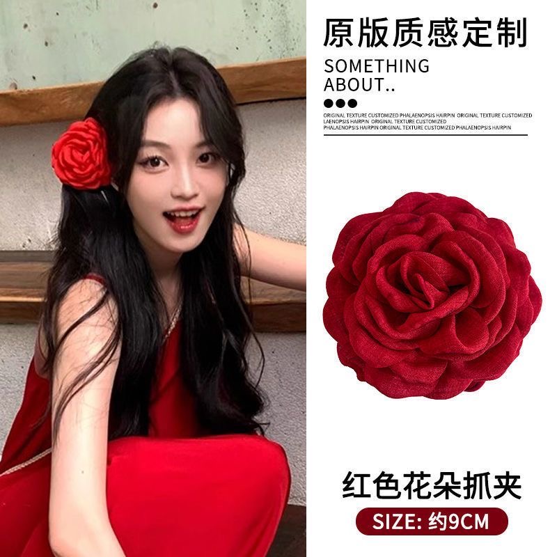 玫瑰花抓夹气质红色花朵发夹盘发
