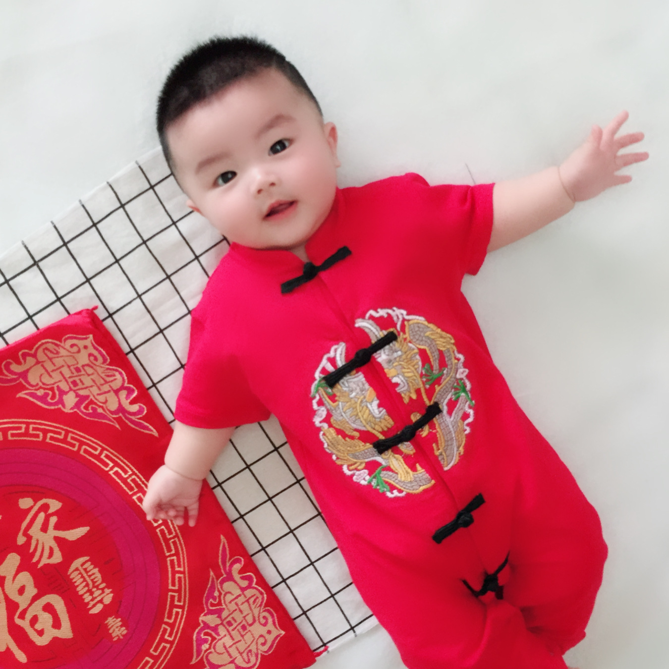 嬰兒唐裝連體衣短袖夏哈衣男女狗寶寶紅色滿月服百天歲周歲服純棉