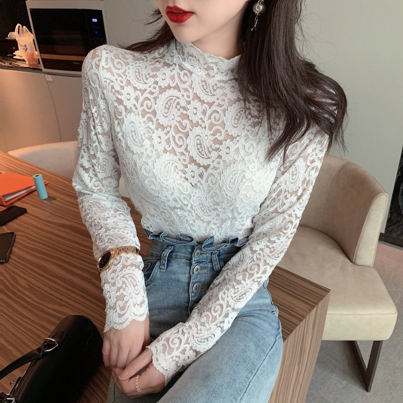 Real shot ~ half high neck lace cut out slim fit versatile top with long sleeve and underlay shirt