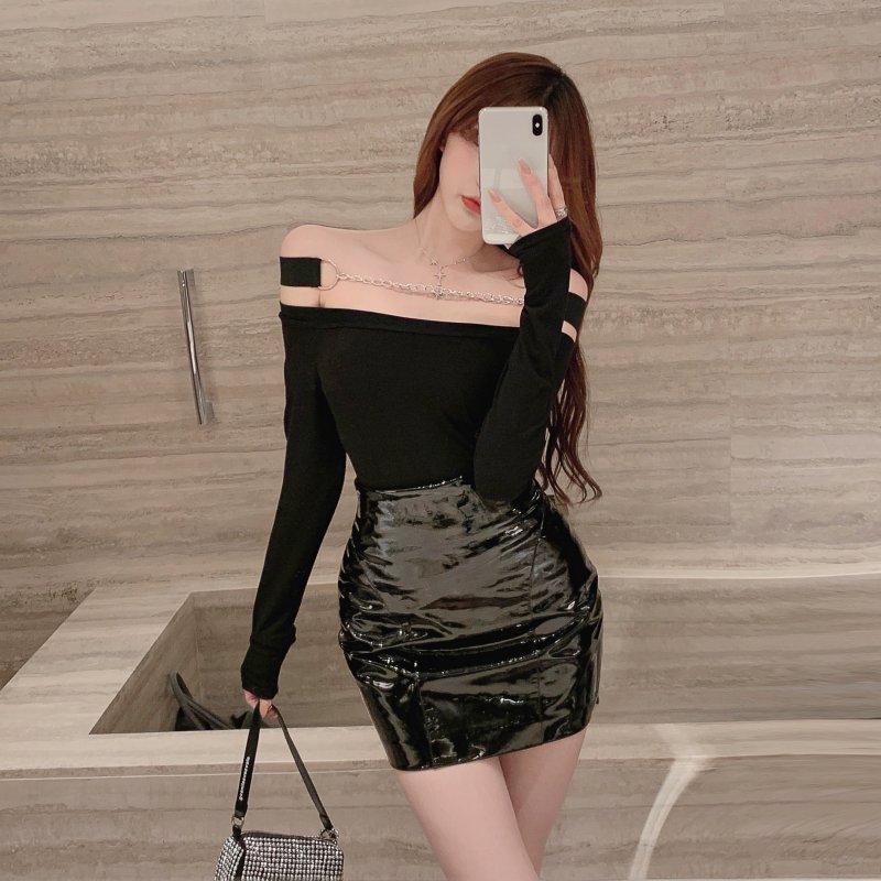 Real shot ~ chain shoulder off the shoulder skinny sexy t-shirt female spring