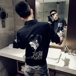 夏季男士短袖衬衫网红痞帅发型师休闲衬衣韩版潮流五分袖男装上衣