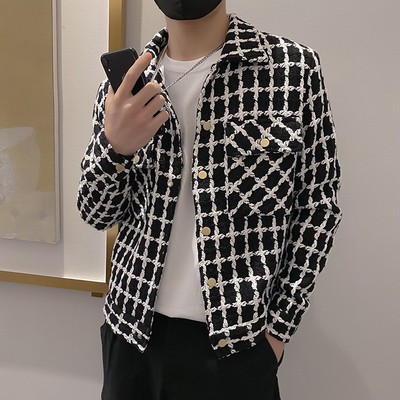 小香风外套男士春秋痞帅格子夹克