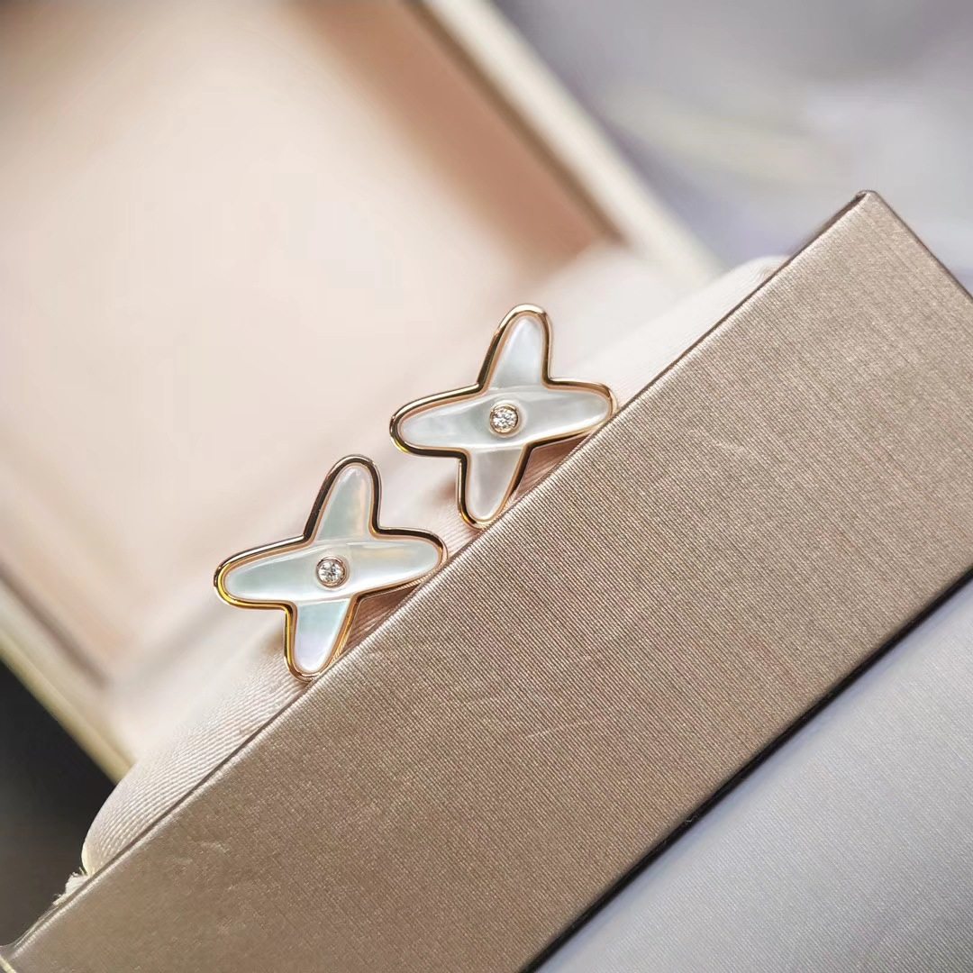 交叉欢缘白贝母耳钉纯银女玫瑰金时尚高级感耳饰轻奢小众独特爆款