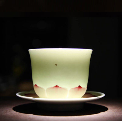 景德镇陶瓷功夫茶具品墨善雅正品手绘新彩茶杯高档瓷器心静莲花