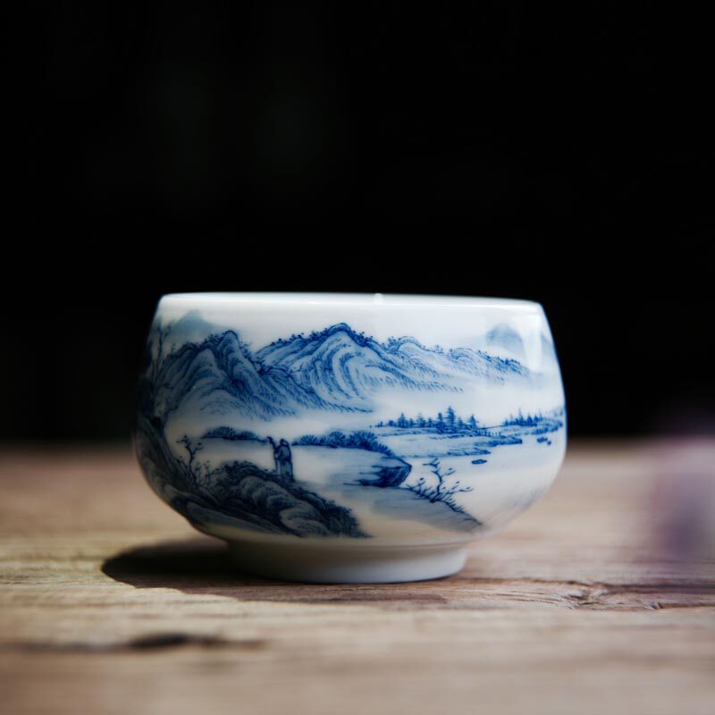 手绘青花茶杯品墨善雅个人杯正品景德镇茶具功夫茶杯陶瓷山水悠然