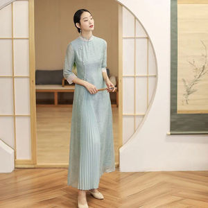 2021夏季新款中式国风禅茶人服修身长款改良版中式文艺旗袍连衣裙