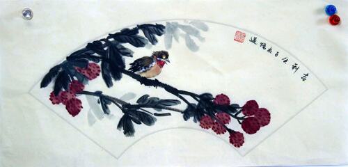 墙拐角电表箱国画作品手绘真迹原稿荔枝樱桃吉利字画茶室装饰挂画