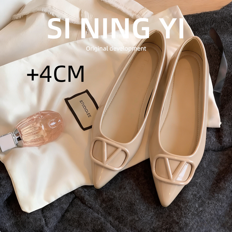 裸色V扣尖头软底单鞋女漆皮法式温柔晚风隐形内增高平底浅口女鞋,女鞋,浅口单鞋,淘宝优惠券,粉丝福利购,淘宝优惠卷