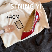 女一脚蹬尖头低跟平底鞋 铆钉坡跟浅口单鞋 全真皮 内增高4CM