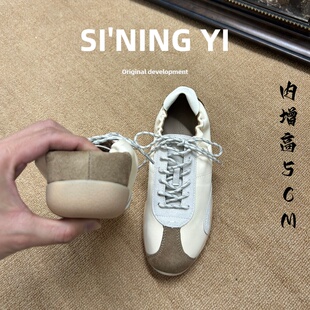 羊皮版~复古真皮系带运动休闲鞋女内增高圆头软皮拼接芭蕾德训鞋