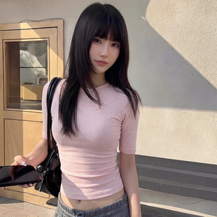 春季五分袖弹力棉T恤打底百搭上衣女纯色修身显瘦中袖正肩短袖T恤