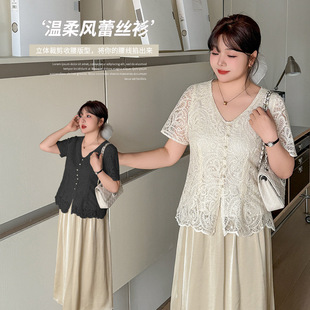 伊诺大码女装法式V领镂空蕾丝衫夏收腰显瘦正肩上衣222144