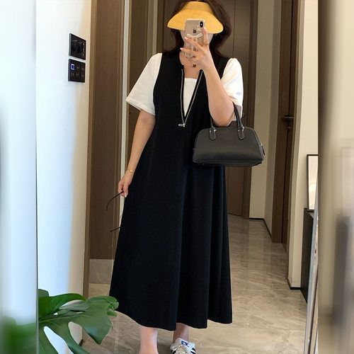 DD2026年夏季新款大码女装短袖长裙拉链撞色假两件连衣裙W-327