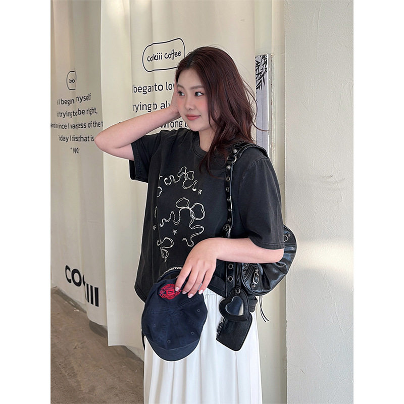 大码女装慵懒休闲蝴蝶结短袖 夏季宽松气质T恤胖mm套头纯棉打底衫