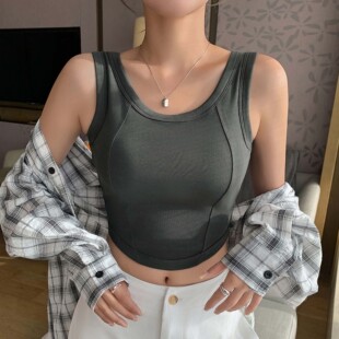 K3001运动拼接棉吊带背心女带胸垫一体修身 上衣 显瘦内搭美背无袖