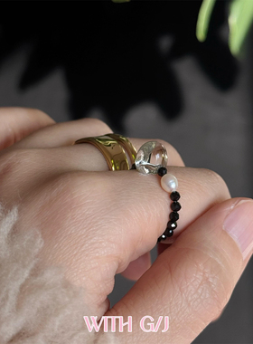 天然白水晶淡水珍珠弹力戒指叠戴