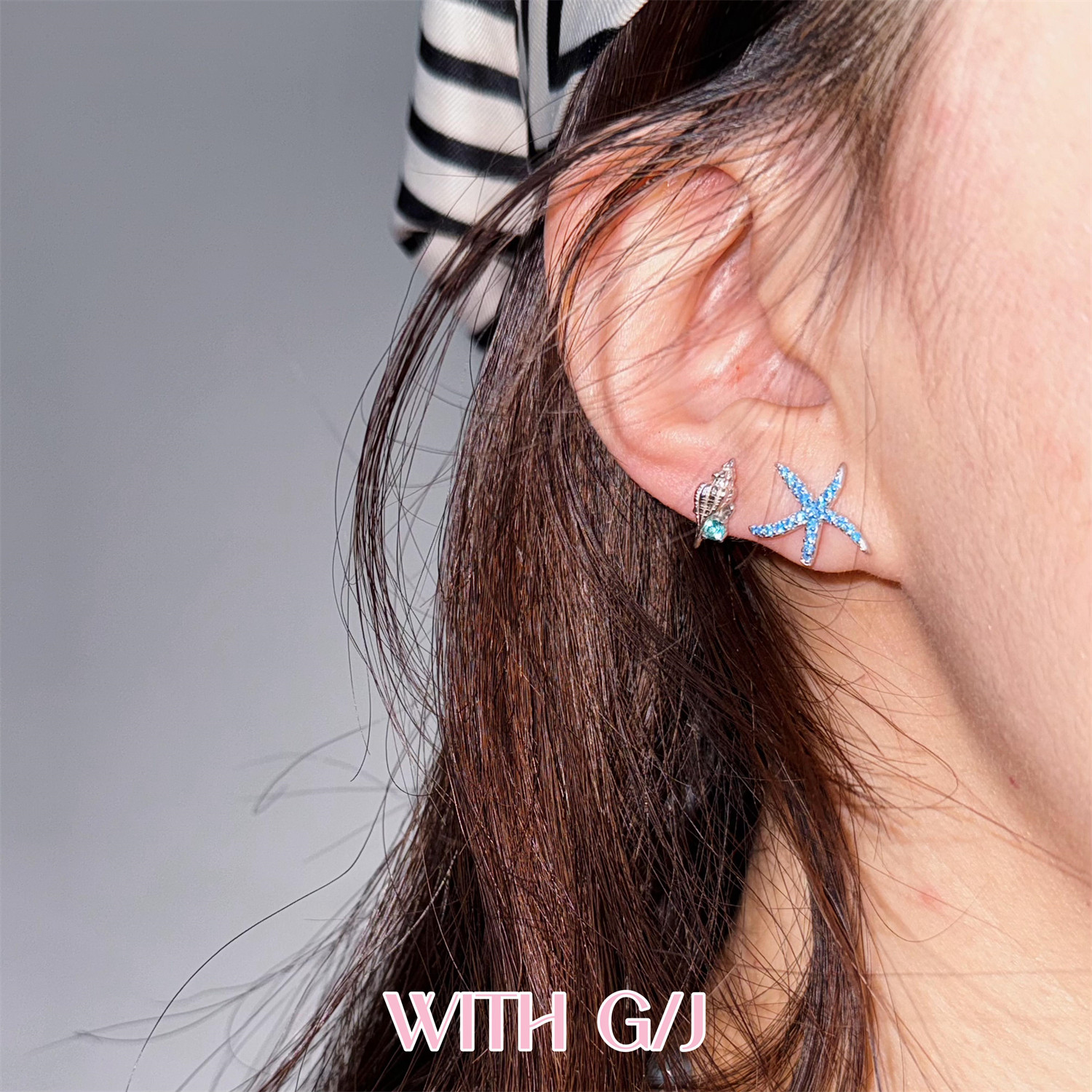 925纯银镀白金蓝色海星海螺耳钉