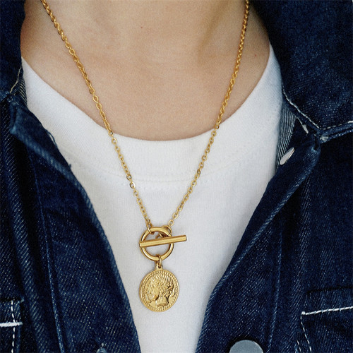 钛钢镀金个性双面金币毛衣项链女