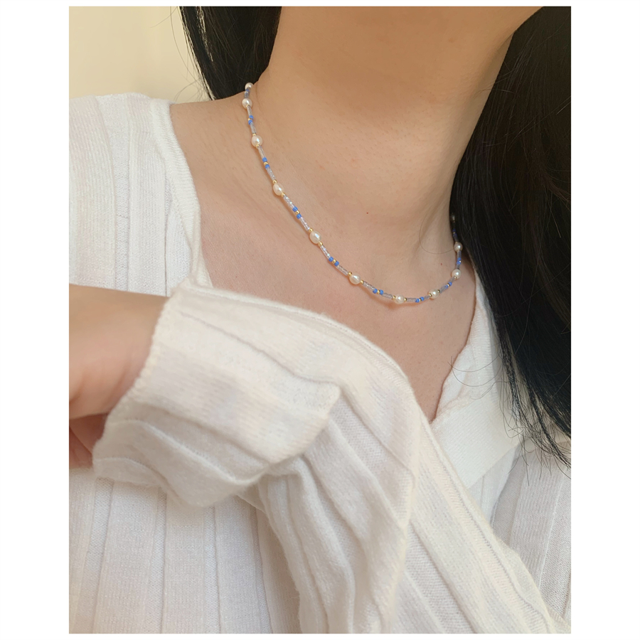 时髦冰蓝色天然珍珠法式锁骨链女