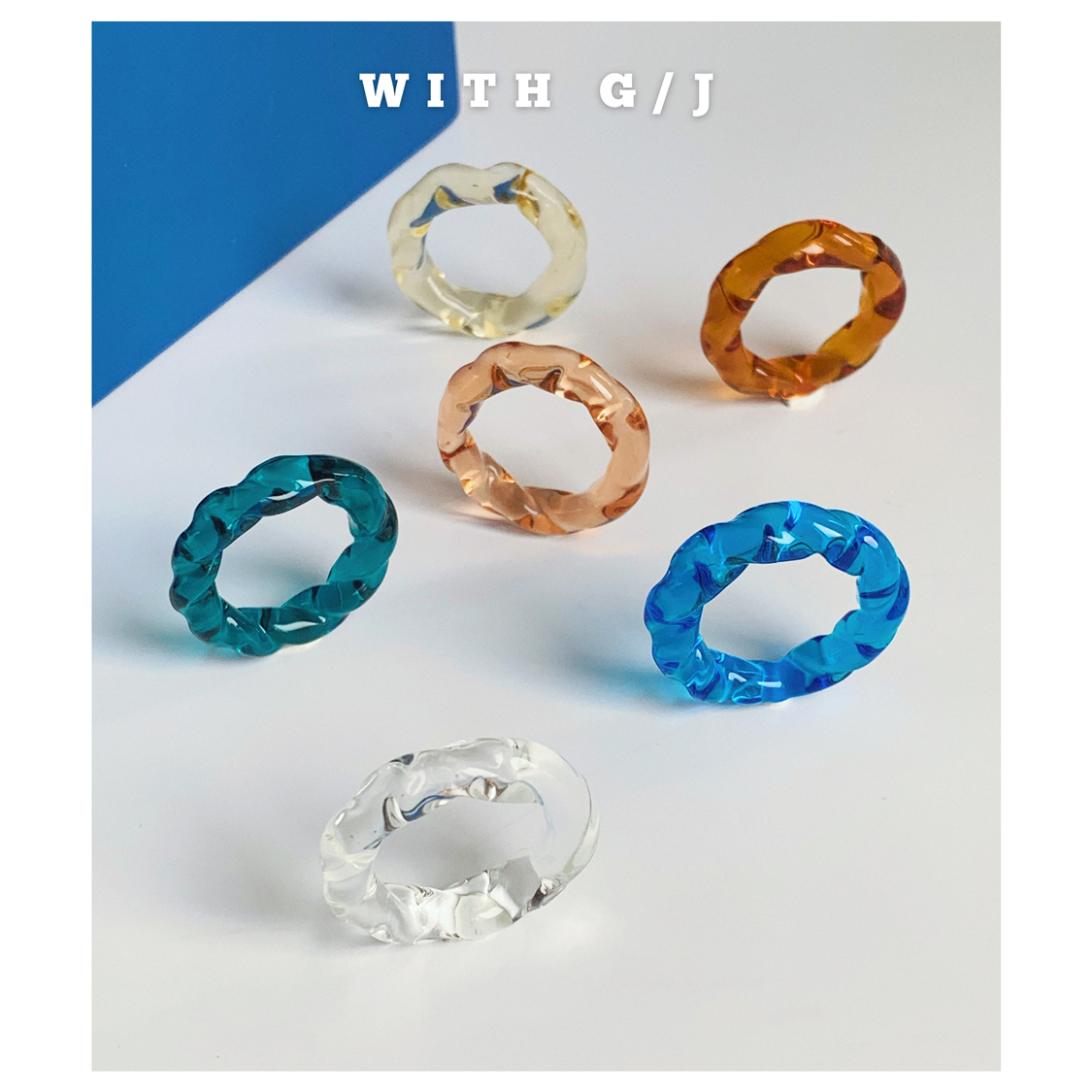 G J 春色多彩手工玻璃戒指女韩国小众个性波纹设计俏皮琉璃指环