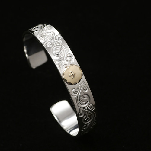 三沐高桥吾郎 情侣银饰手工錾刻唐草飞鸟鹰台点金平打925纯银手镯