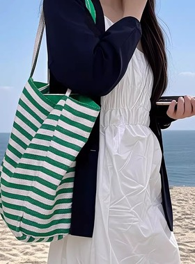 韩系ins风条纹帆布包包女新款大容量通勤托特包学生上课包单肩包