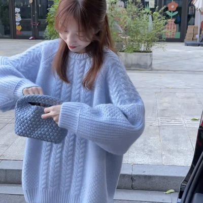 韩范冬季感加厚毛衣女大版慵懒宽松中长款针织衫百搭显瘦上衣