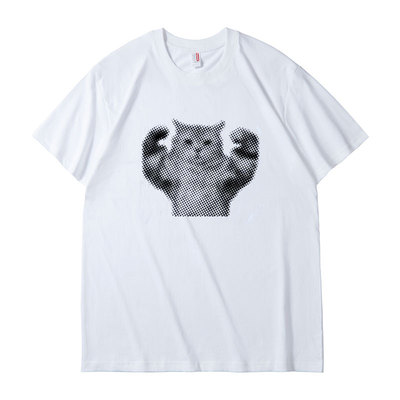 不小心就练那么大了猫meme波点印花男女纯棉健身房短袖宽松T恤