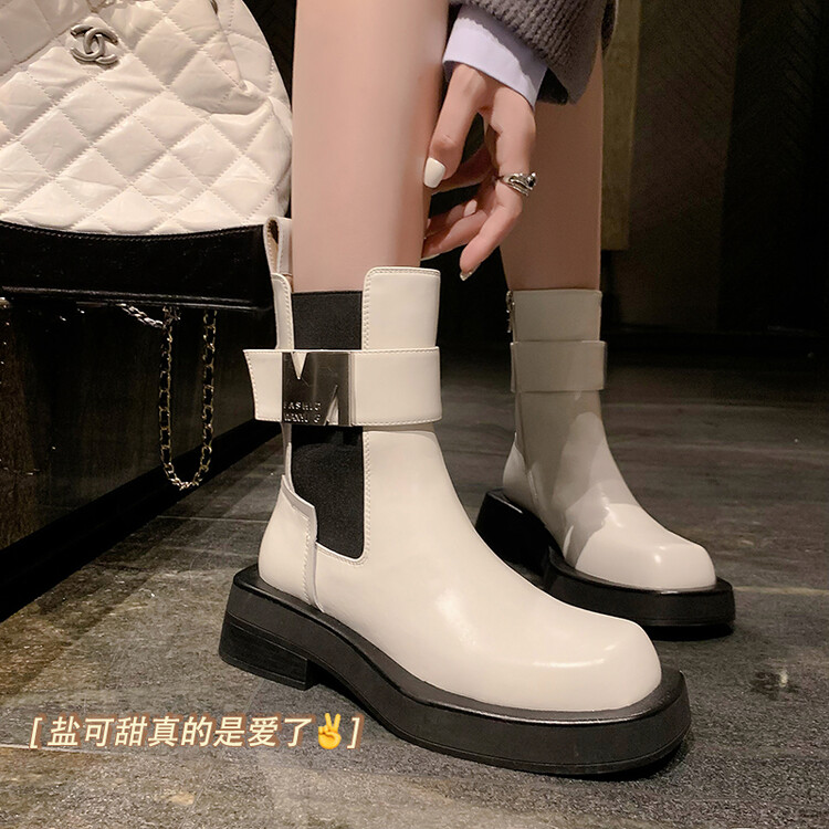 甜酷小短靴金属扣厚底百搭短筒靴粗跟侧拉链中跟女靴通勤真皮潮女