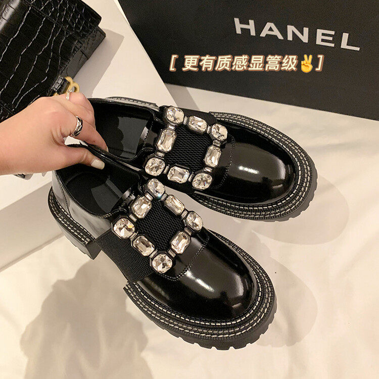 英伦风小皮鞋女鞋水钻2025新款百塔乐福鞋黑色平底单鞋豆豆鞋厚底