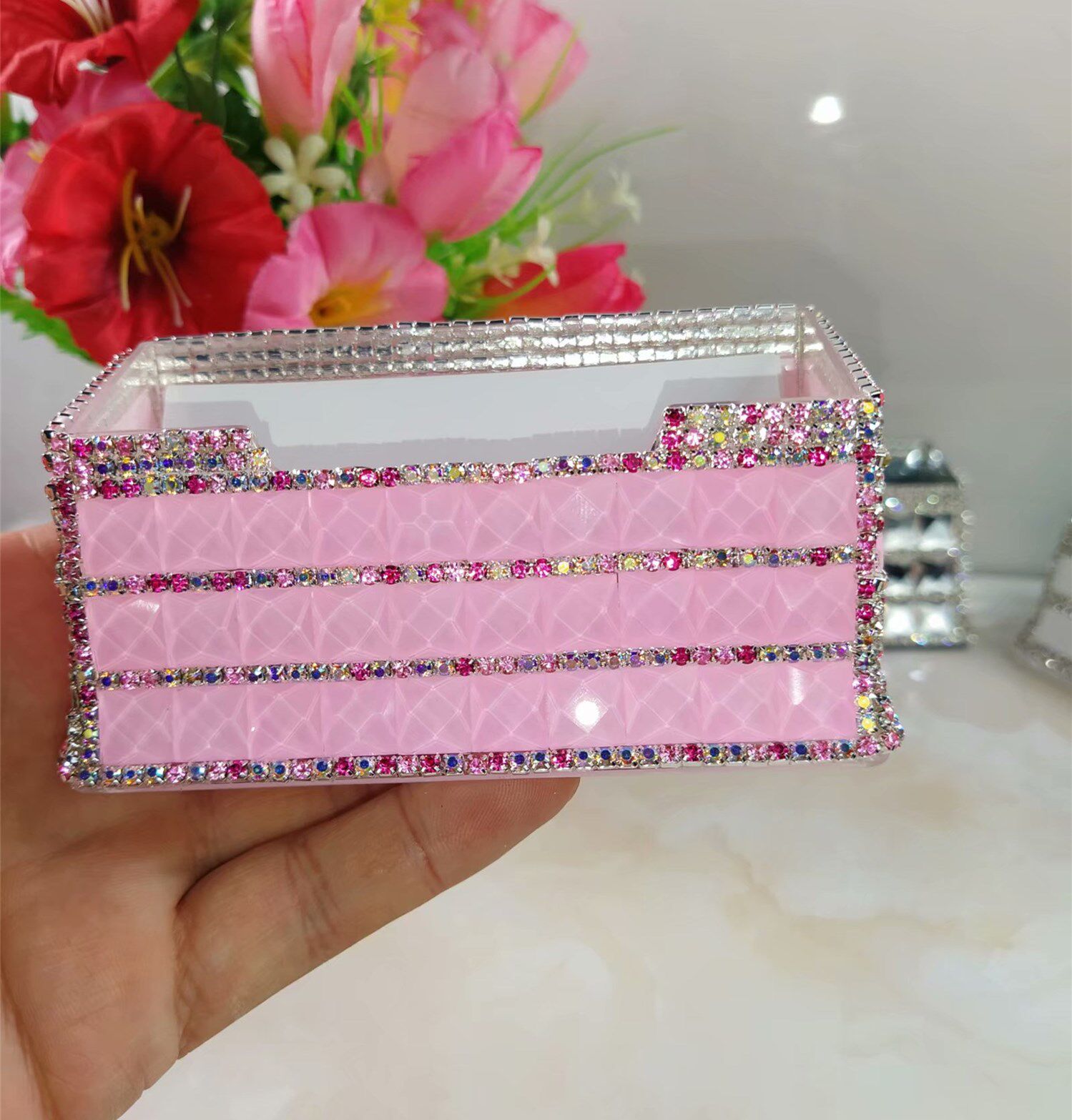 手工diy商务名片座创意镶钻女士名片盒大容量收纳盒水晶名片架