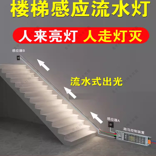 流水楼梯感应灯带跑马追光灯条免布线自粘扶手过道踢脚线氛围灯带
