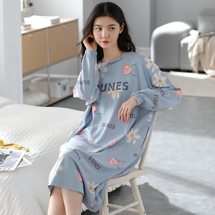 睡裙女纯棉长袖春秋季薄款连衣裙中长款可外穿100%全棉家居服