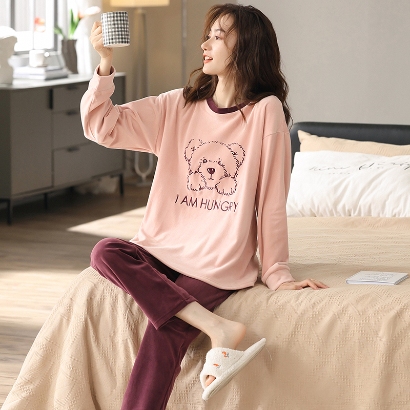 海岛绒睡衣女秋冬薄绒保暖