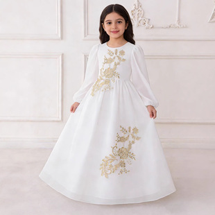 中东女童白色长袍迪拜阿拉伯民族风儿童礼服女孩长袖雪纺连衣裙子