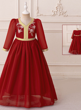 中东迪拜阿拉伯儿童礼服女童红色长袍洋气连衣裙子民族风演出服装