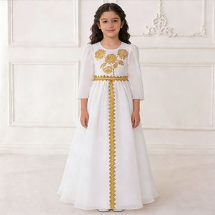 中东迪拜女童长袍民族风儿童白色礼服裙沙特阿拉伯女孩长袖连衣裙