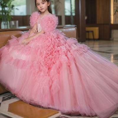 儿童高端拖尾礼服女童走秀演出服