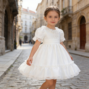 儿童礼服花童日常可穿女童白色短袖缎布公主裙小女孩主持人演出服