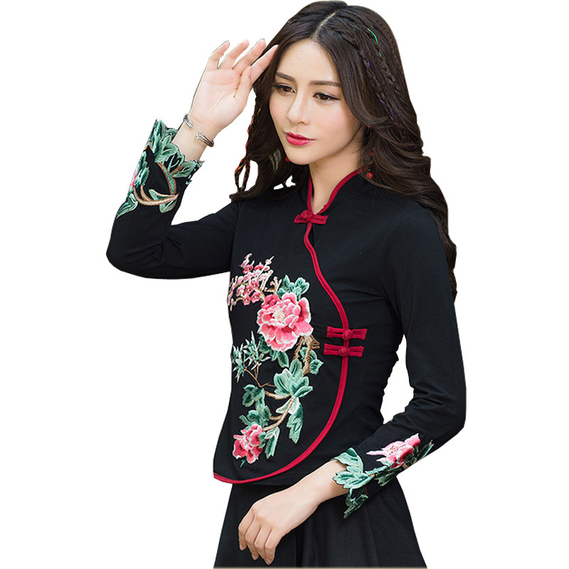 秋装民族风重工绣花盘扣立领花卉长袖T恤女 修身纯棉文艺复古上衣