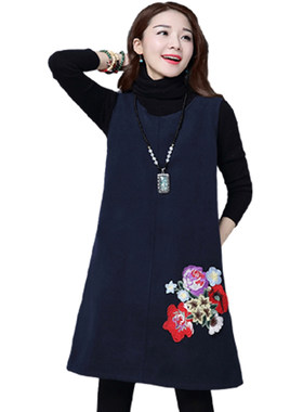 冬装民族风大码宽松套头毛呢背心马夹裙贴布绣花休闲中长款连衣裙