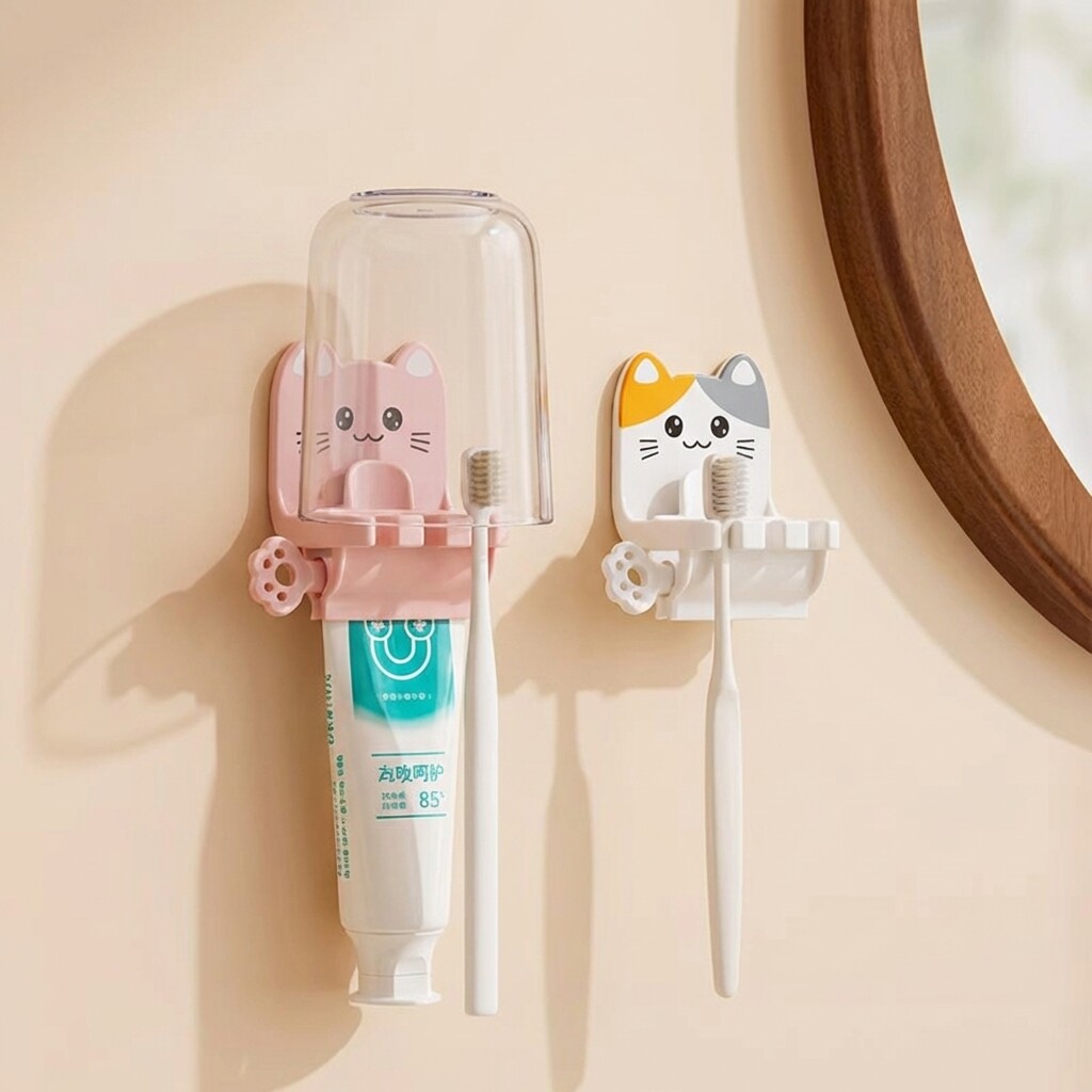 牙刷置物架挤牙膏器一体免打孔漱口杯挂墙式卡通儿童电动牙刷杯架
