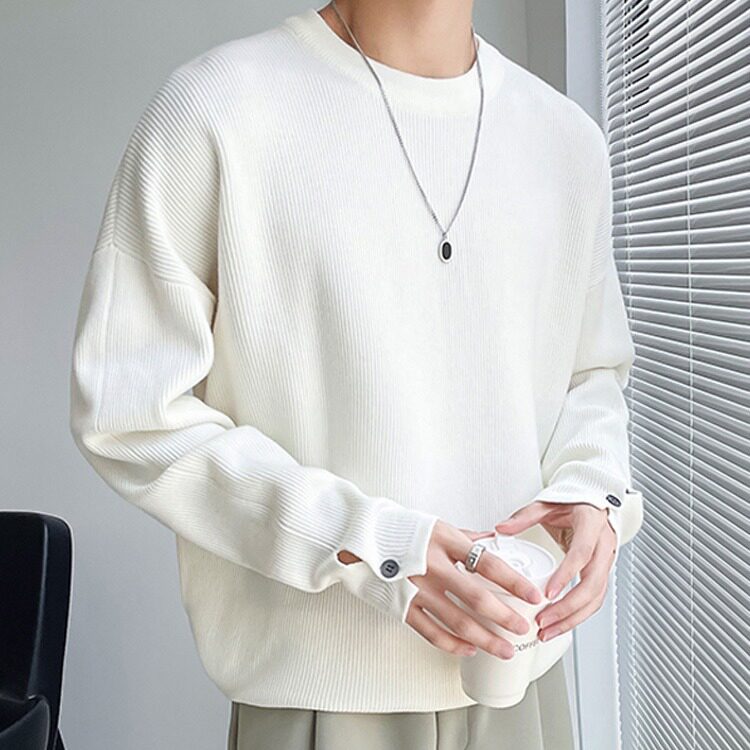 慵懒风毛衣男白色设计感内搭圆领线衣潮牌手袖开叉纽扣针织打底衫