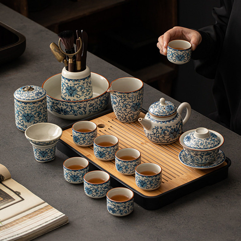 青花汝窑功夫茶具套装中式陶瓷泡茶壶家用轻奢高档泡茶杯2024新款