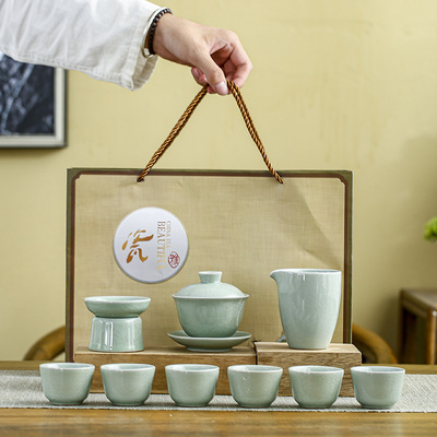 哥窑十头功夫茶具套装家用客厅办公室轻奢茶具精美礼盒装乔迁亲朋