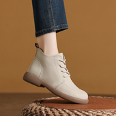 断码 清仓头层牛皮复古手工短靴女秋冬加绒棉靴系带平底妈妈马丁靴